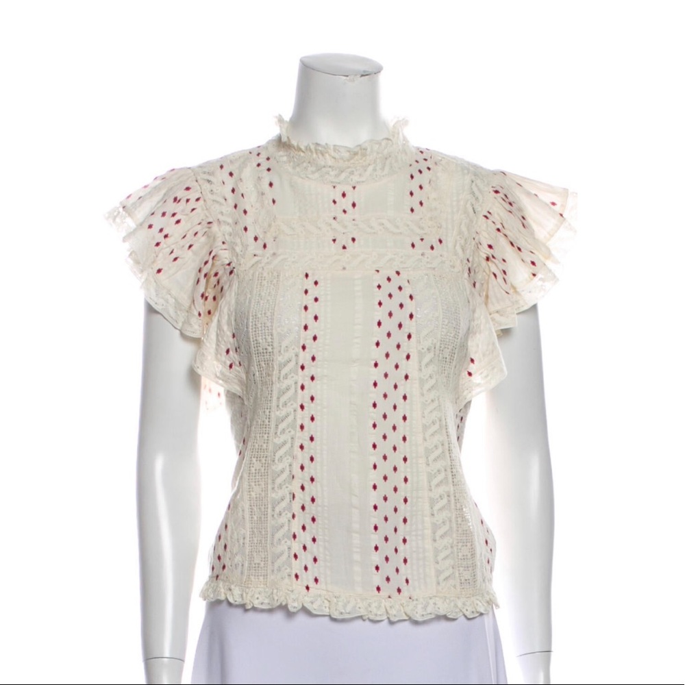 LoveShackFancy cream and red lace mock-neck top with flutter sleeves